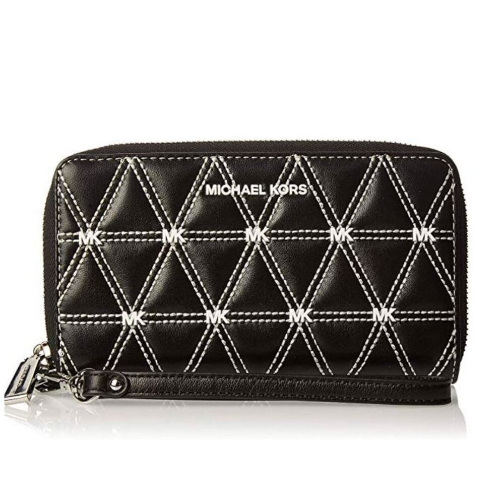 NWT Michael Kors Black Diamond Quilted Leather Flat Smartphone Wristlet